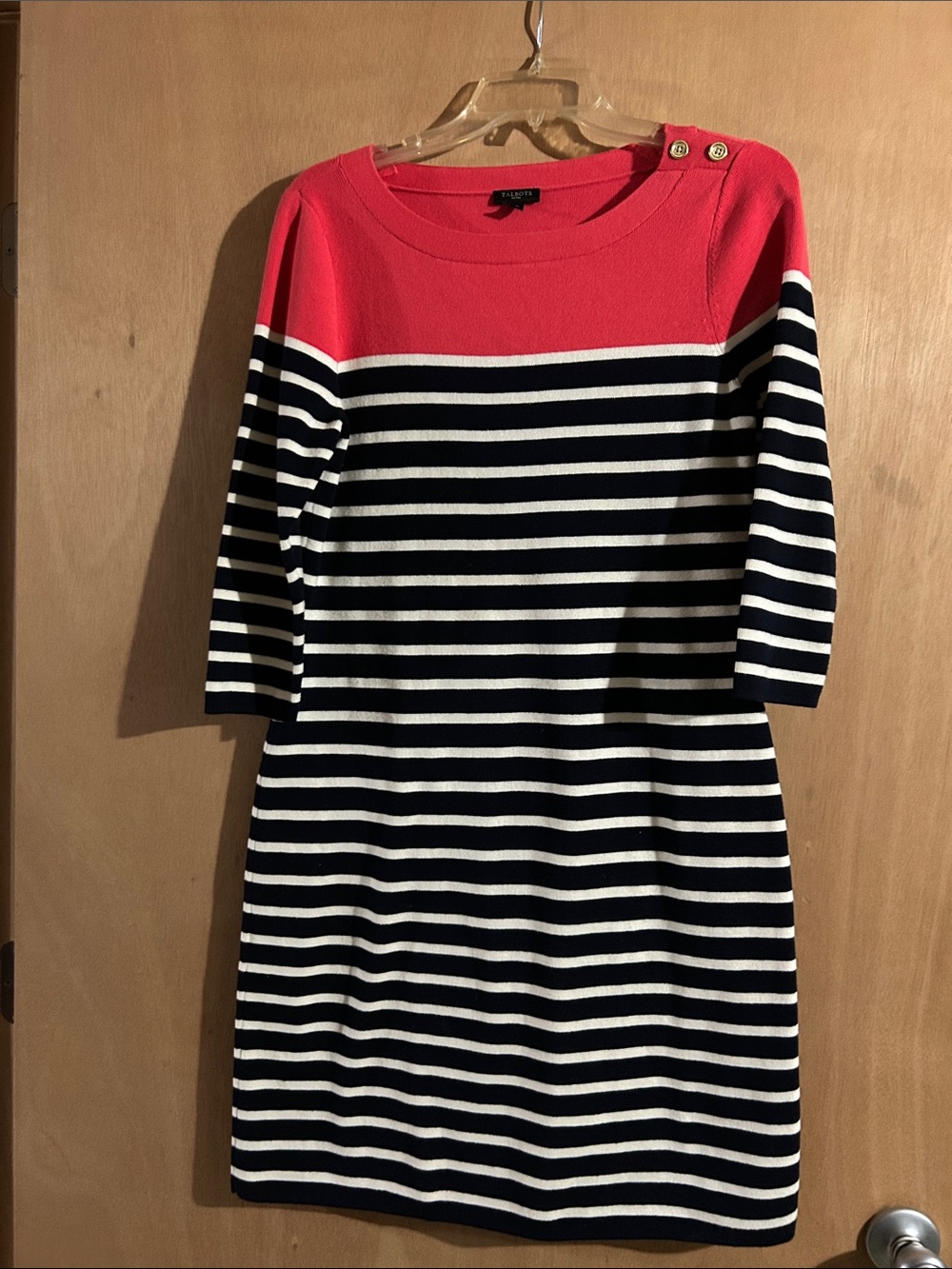 Talbots Striped Knit Shift Dress with Coral Yoke
